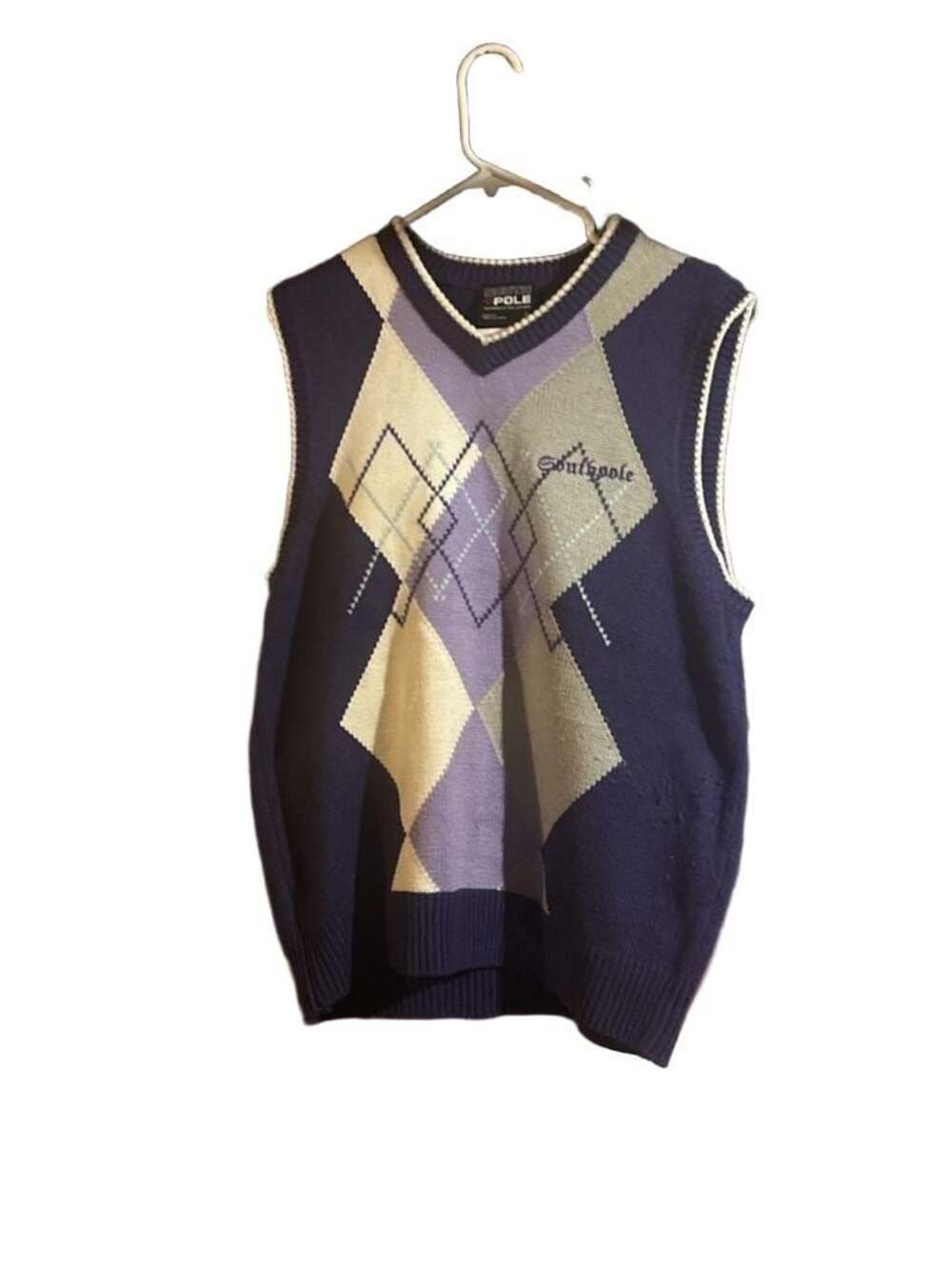 South Pole Mens Large Argyle Sweater Vest Embroidered Logo Purple Gray